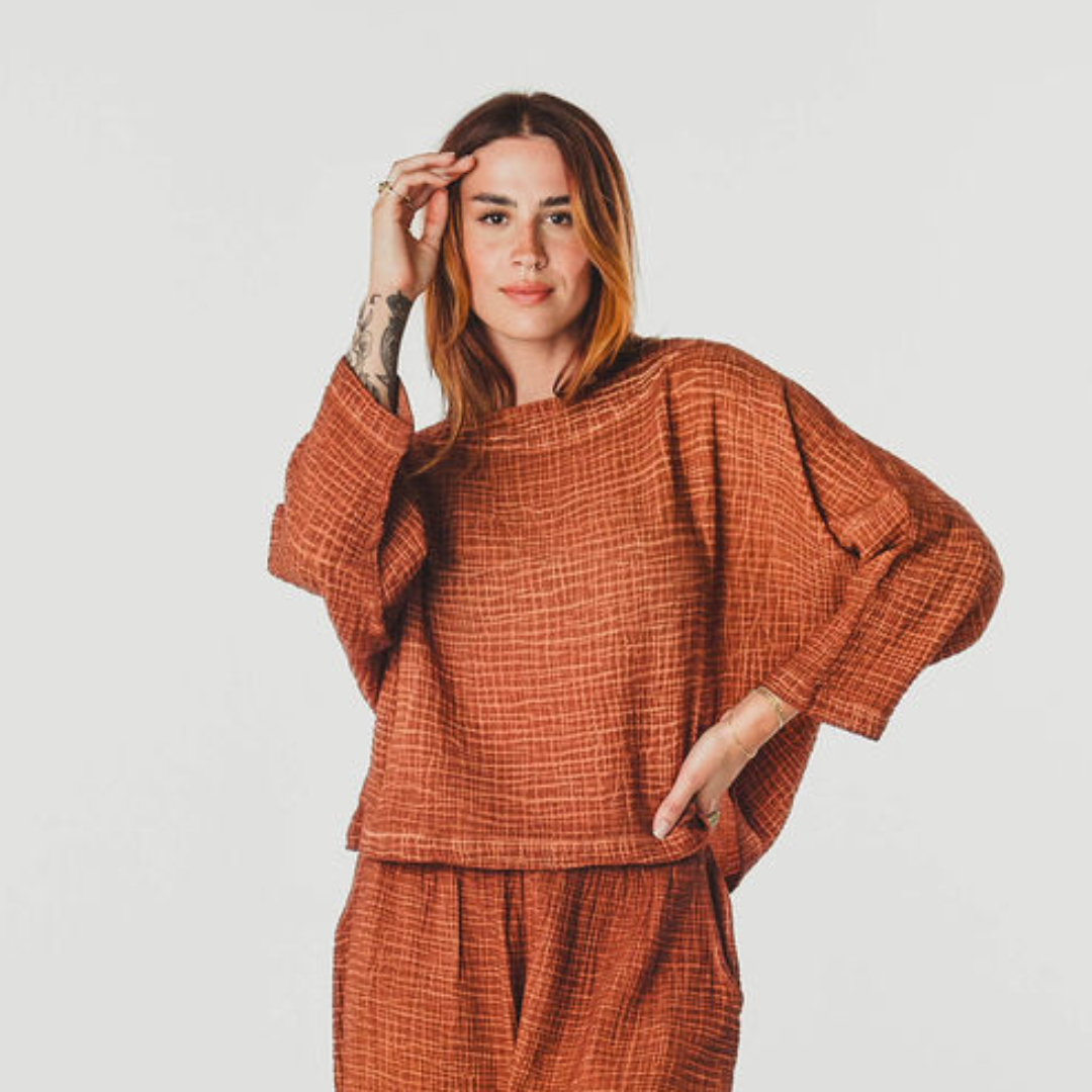 Crinkle Long Sleeve Boat Top - Terracotta