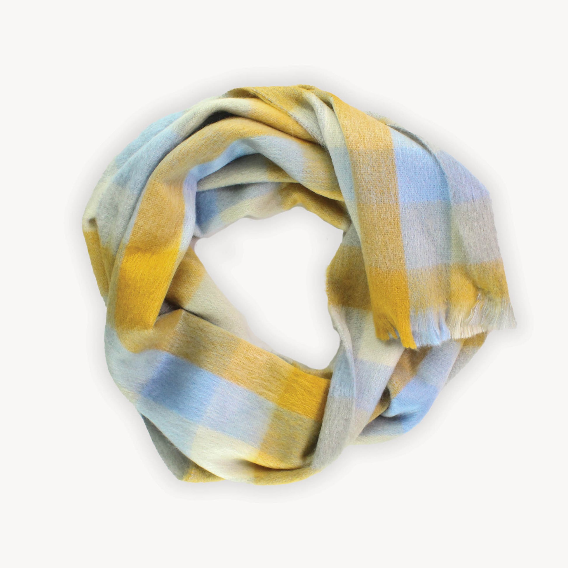 POKOLOKO Alpaca Seamless Check Scarf #color_gold-blue-check