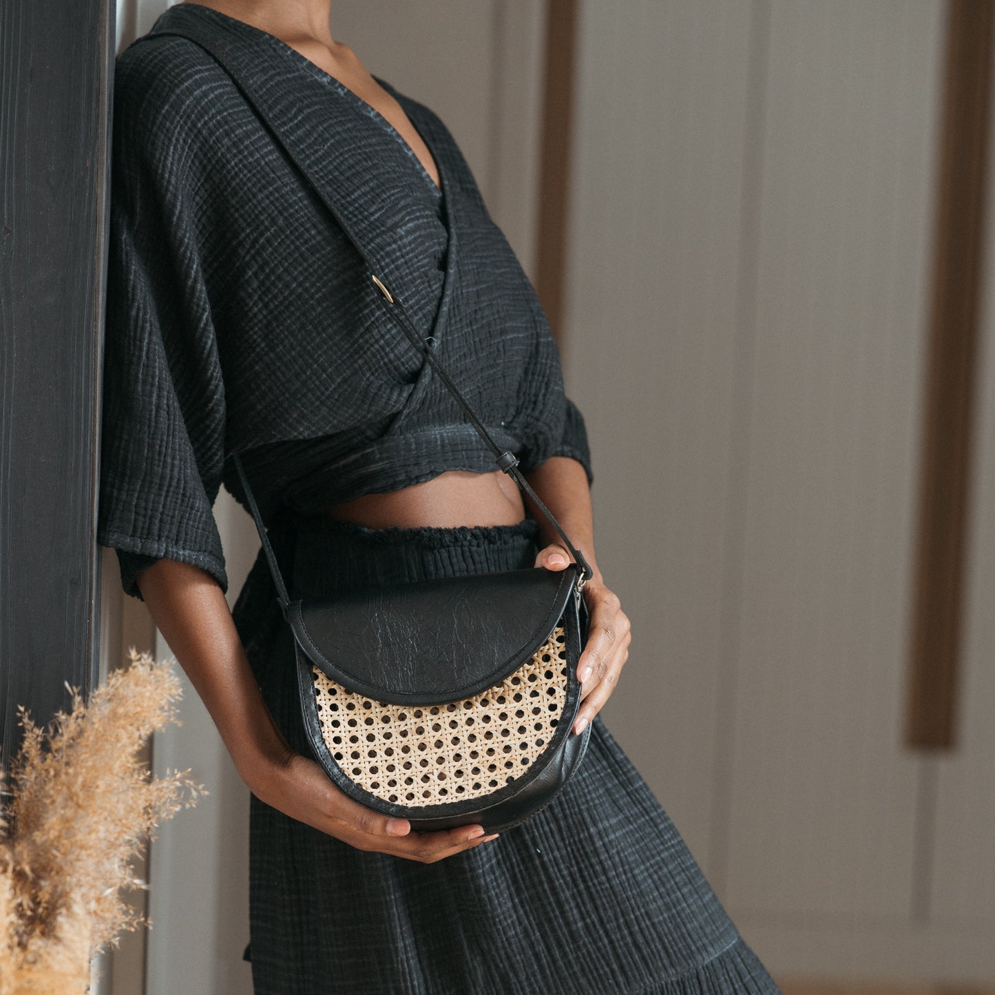 POKOLOKO Leather Bag with Cane Accent - Half Moon #color_black-leather