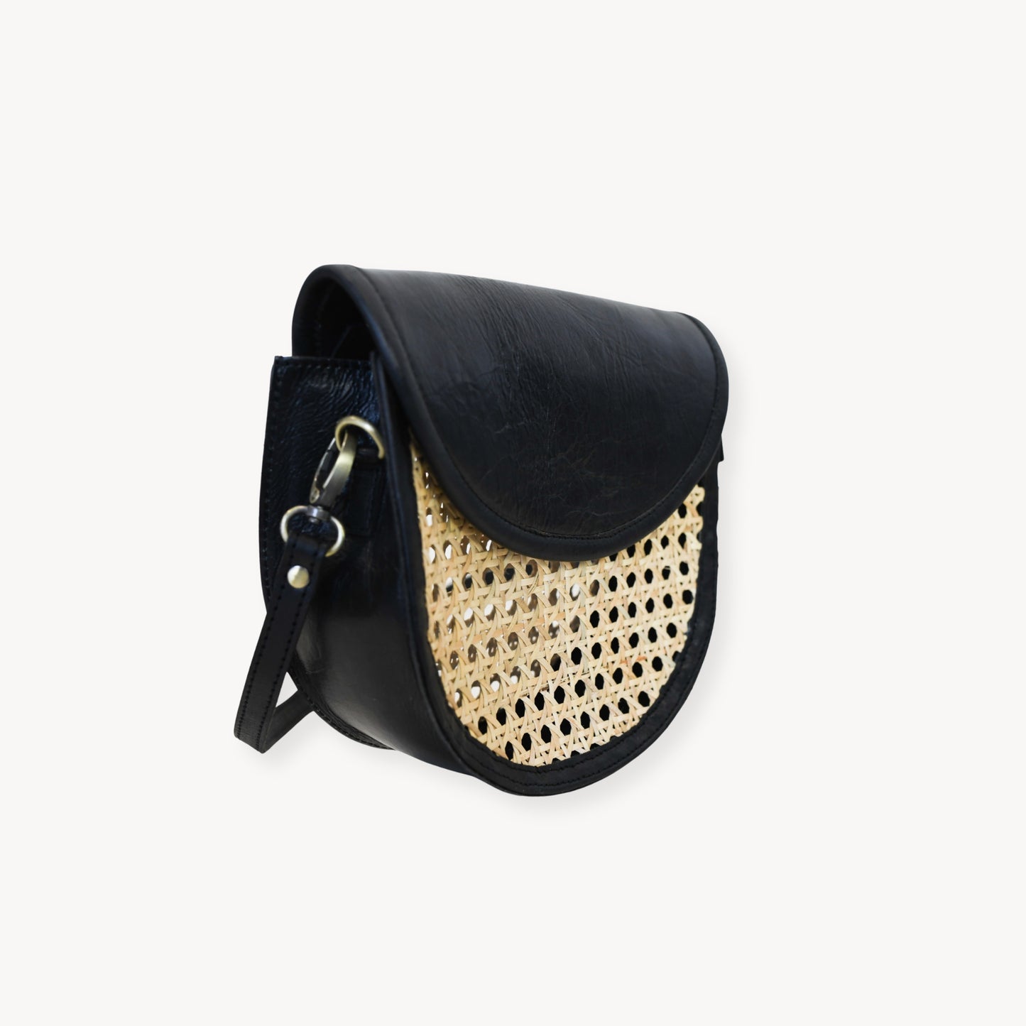 POKOLOKO Leather Bag with Cane Accent - Half Moon #color_black-leather