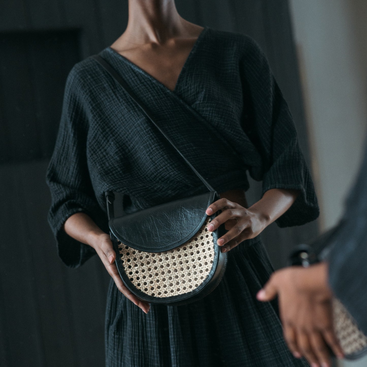 POKOLOKO Leather Bag with Cane Accent - Half Moon #color_black-leather