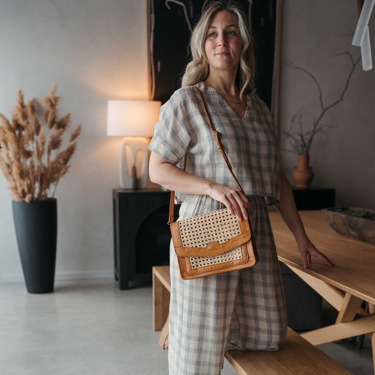 POKOLOKO Leather Bag with Cane Accent - Rectangle #color_caramel-leather