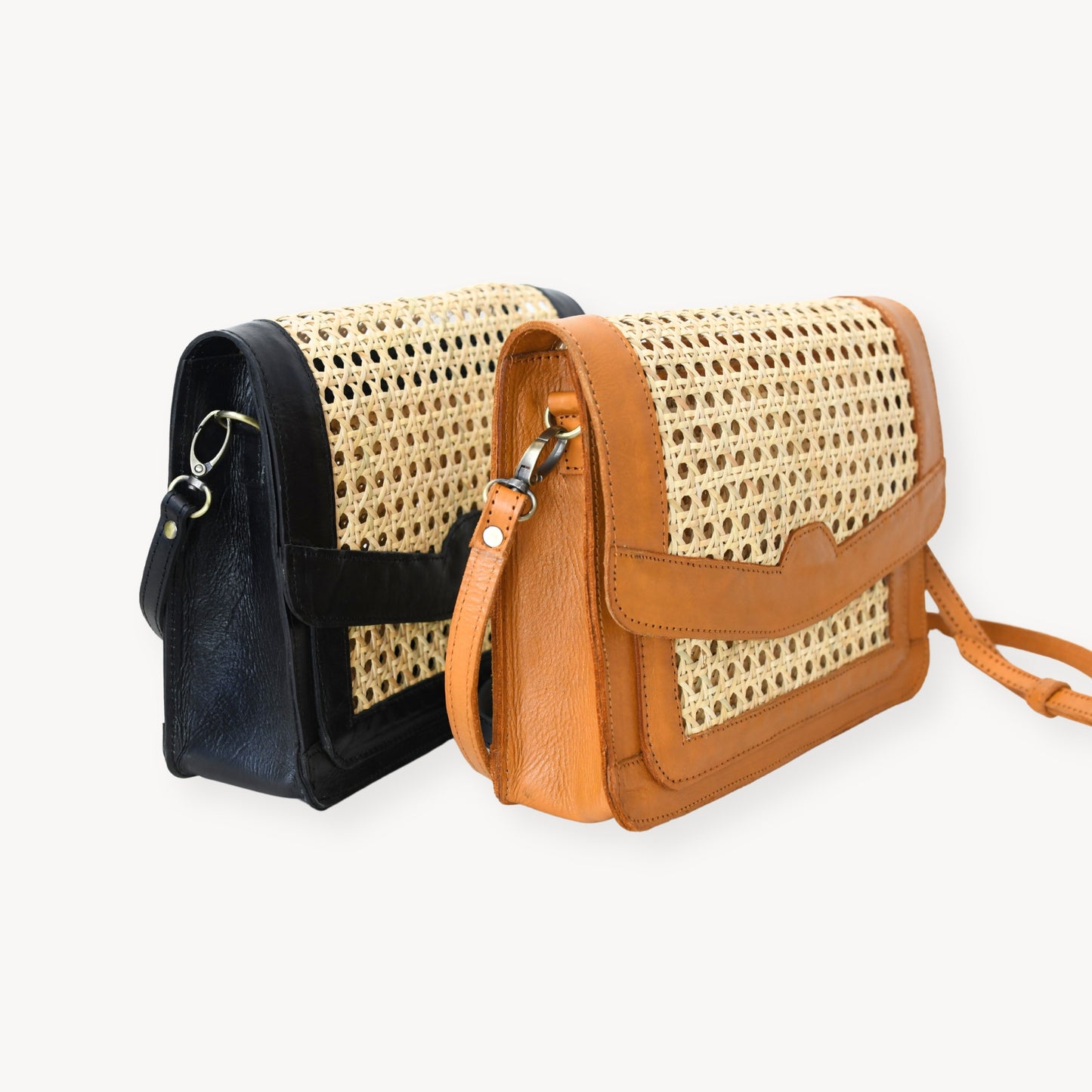 POKOLOKO Leather Bag with Cane Accent - Rectangle #color_black-leather #color_caramel-leather