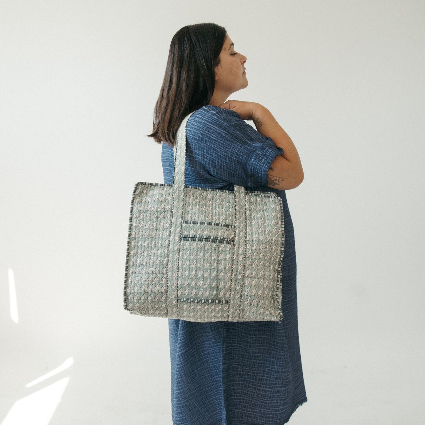 Teal Leaf Block Print Tote