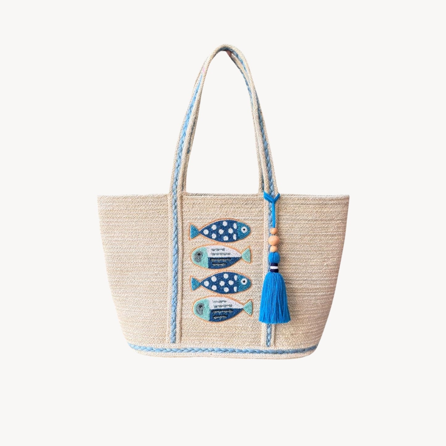 Blue Beaded Fish with Tassel Jute Bag