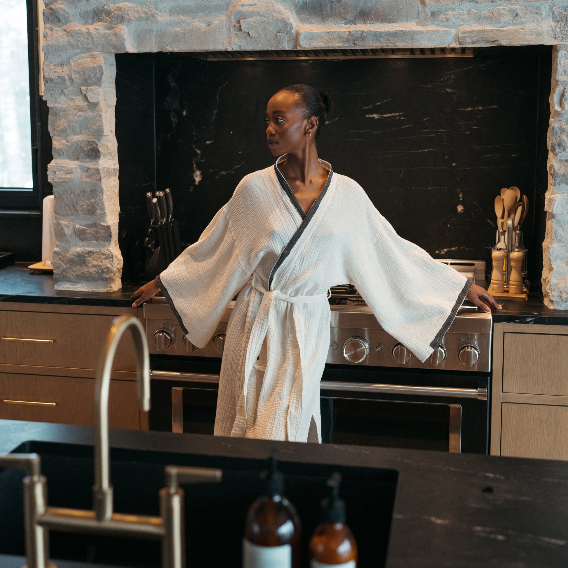 POKOLOKO Crinkle Grey Block Print Robe