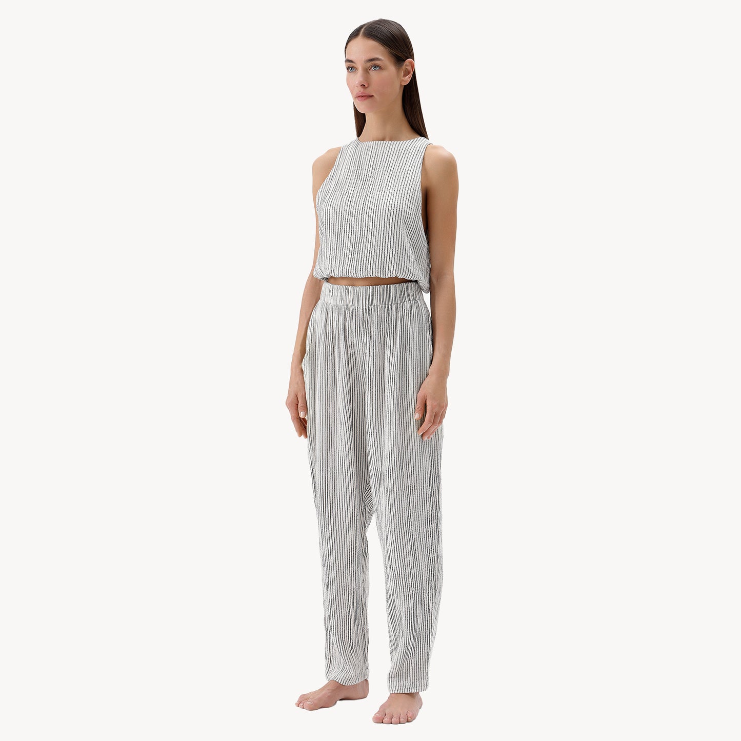 Striped Crinkle Cotton Keyhole Tank Top