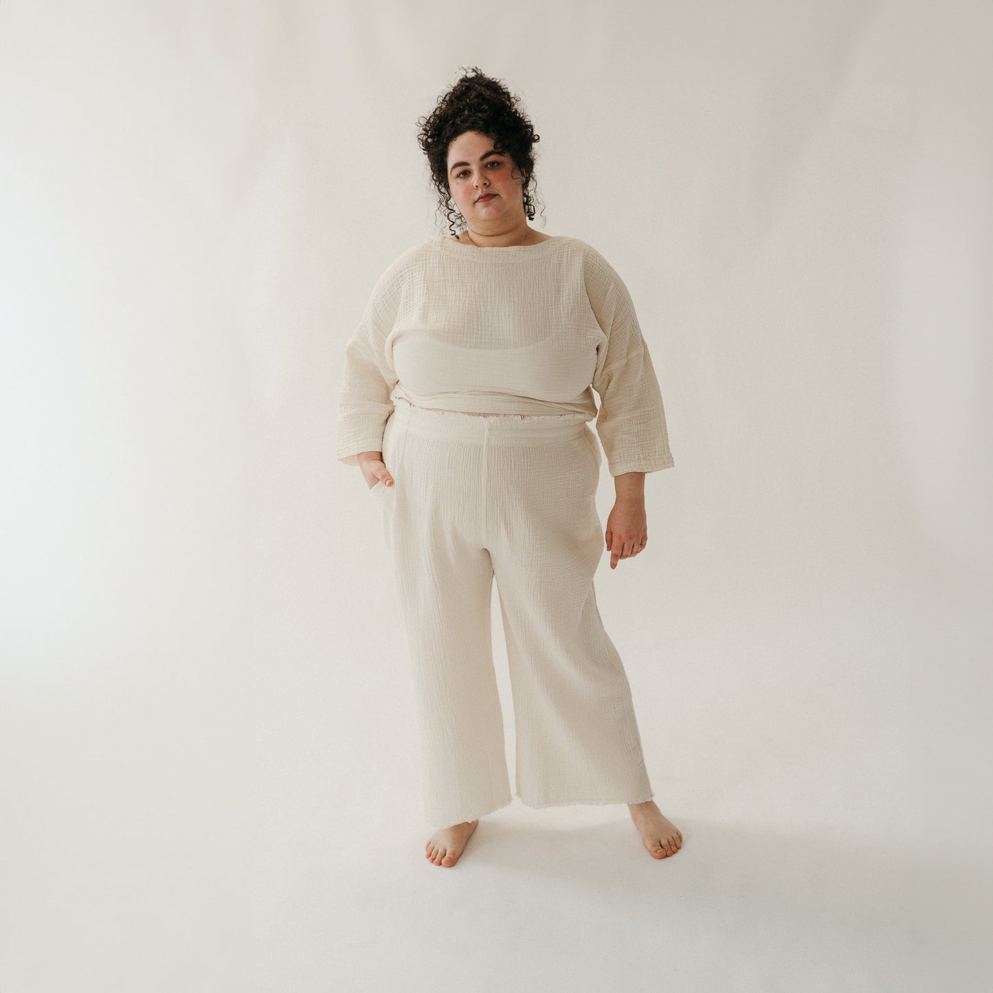 POKOLOKO Crinkle Drawstring Palazzo Pants Plus #color_crinkle-cream