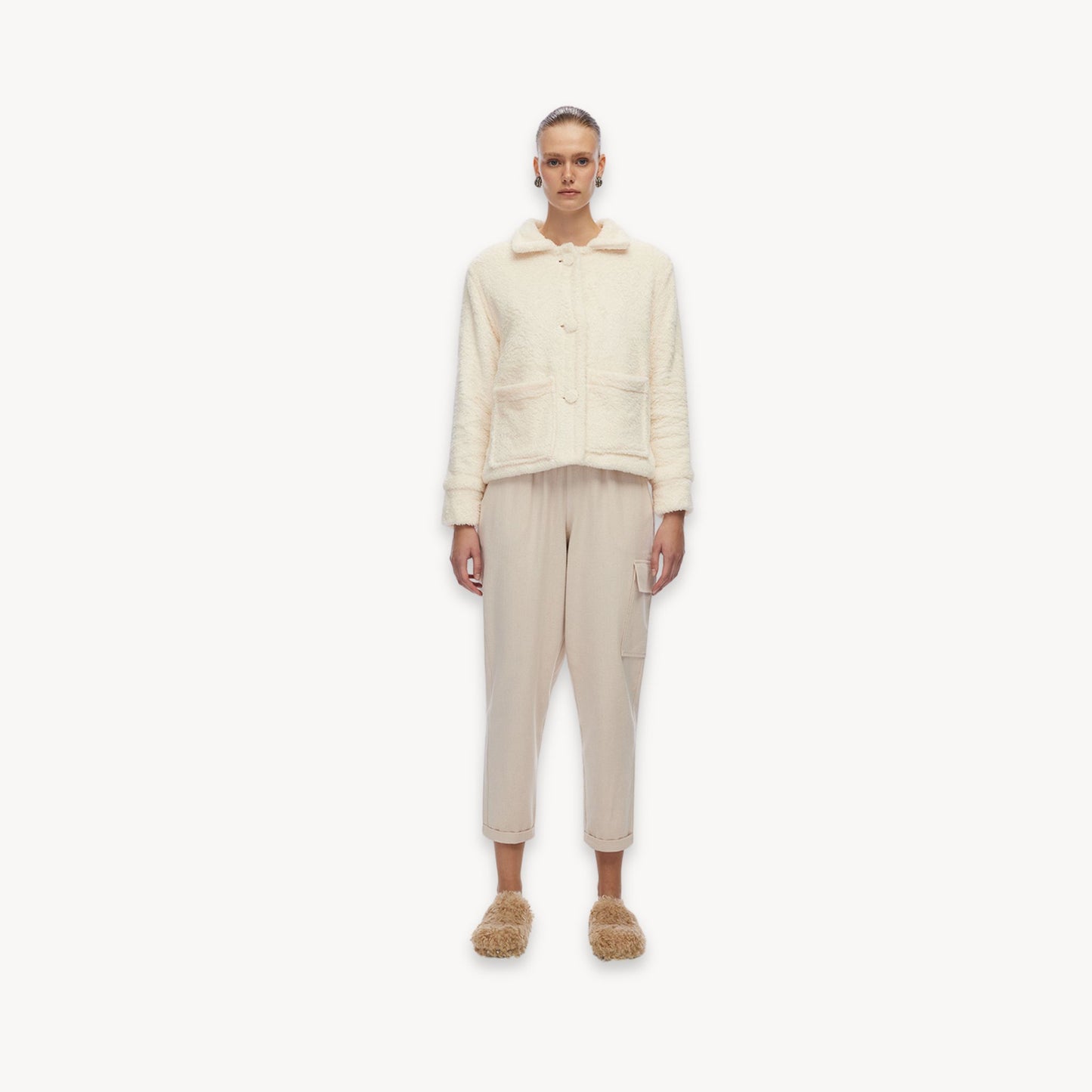 POKOLOKO Recycled Sherpa Short Jacket #color_sherpa-cream