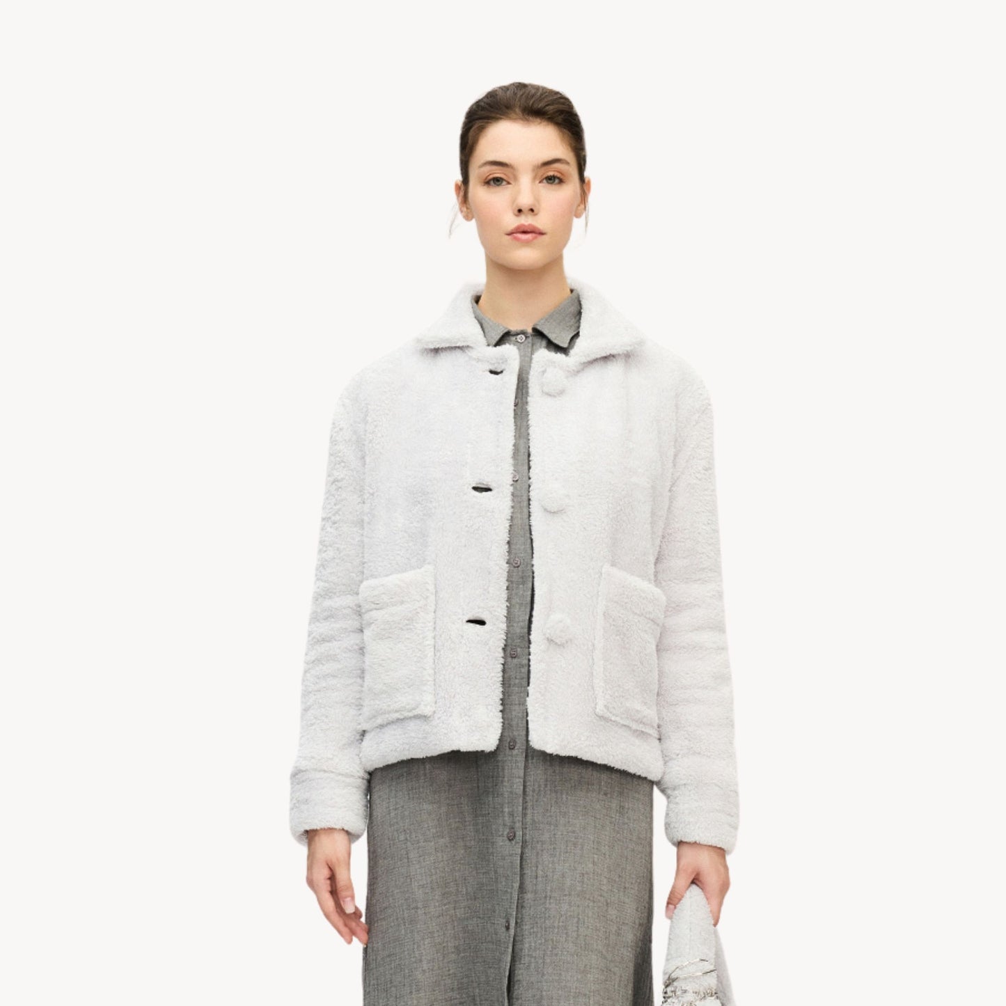 POKOLOKO Recycled Sherpa Short Jacket #color_sherpa-grey