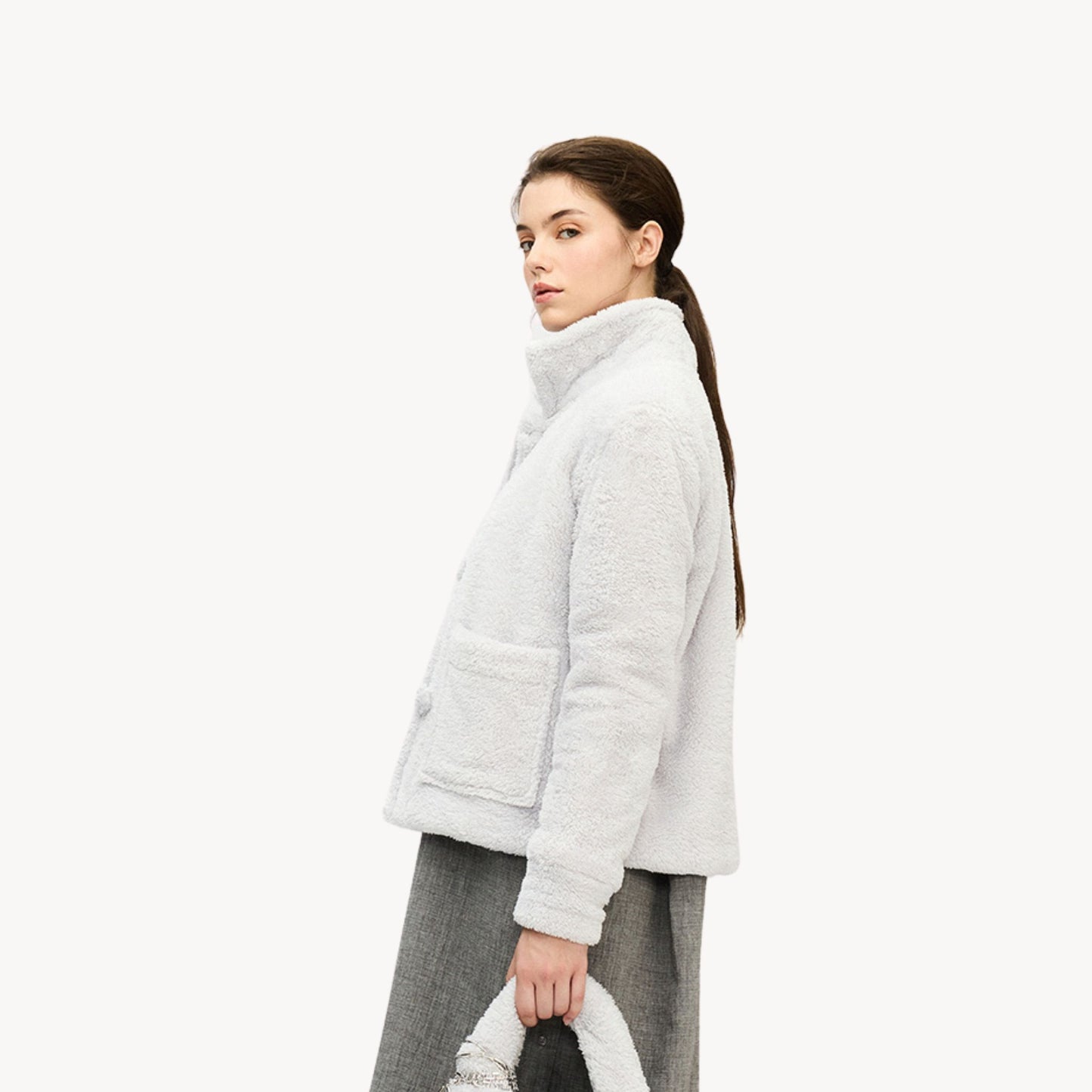POKOLOKO Recycled Sherpa Short Jacket #color_sherpa-grey