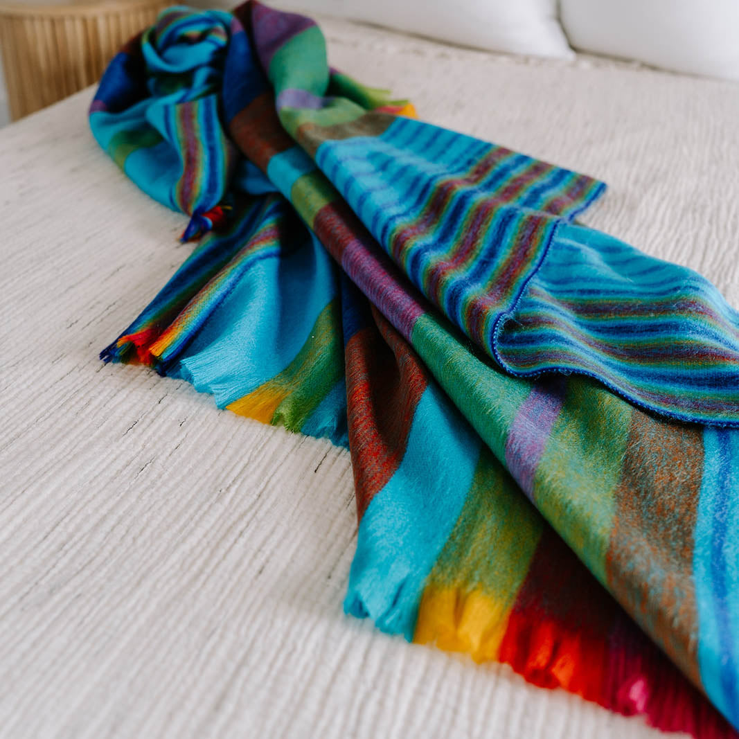 POKOLOKO Multi Stripe Fringed Alpaca Blanket #color_tropical-multi-stripe