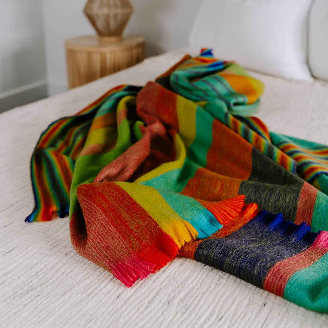 POKOLOKO Multi Stripe Fringed Alpaca Blanket #color_sunrise-multi-stripe