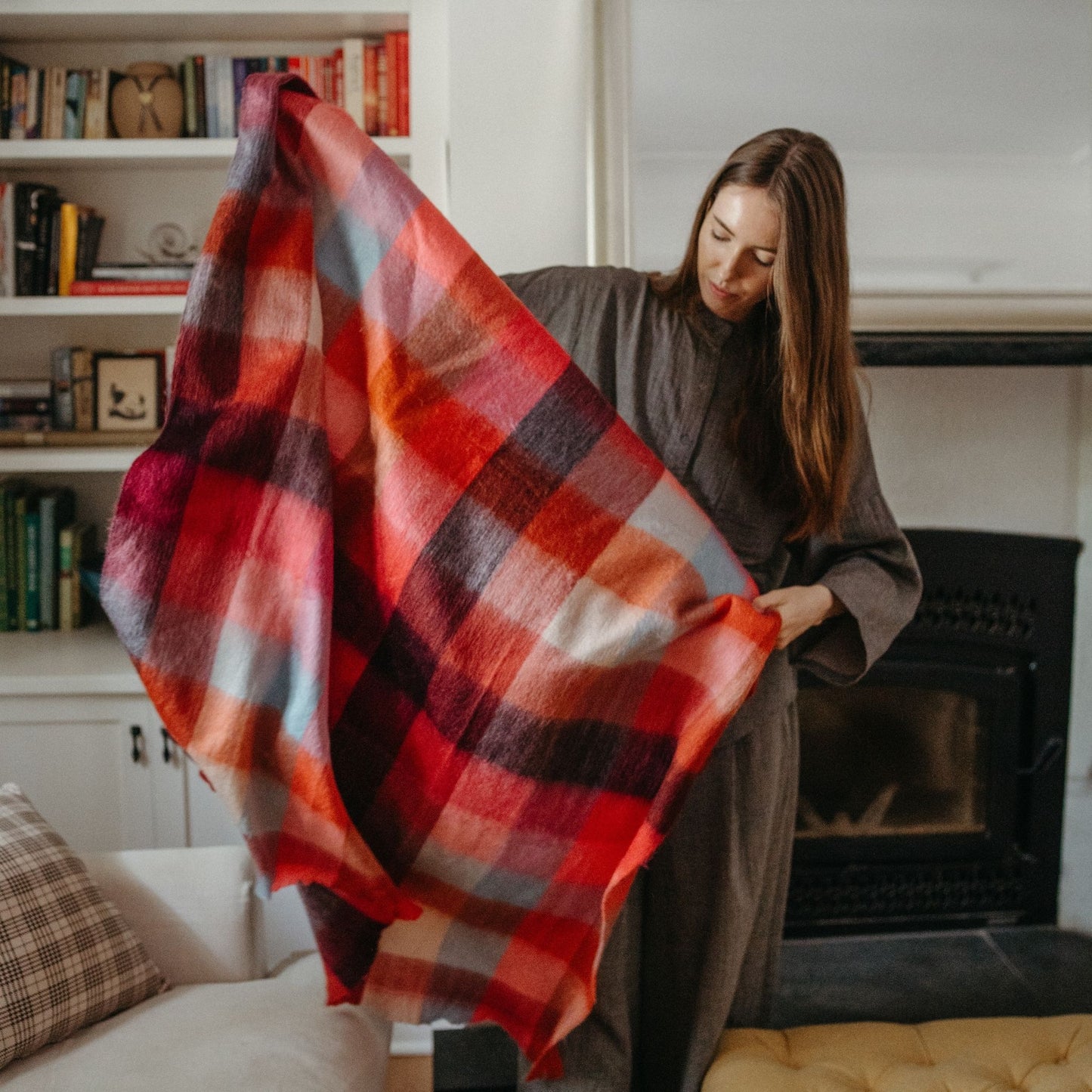 POKOLOKO Fringed Check Alpaca Blanket #color_hot