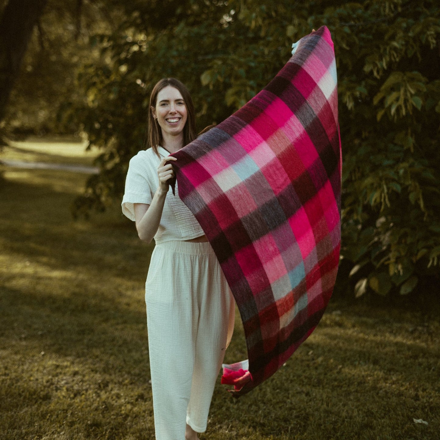POKOLOKO Fringed Check Alpaca Blanket #color_hot