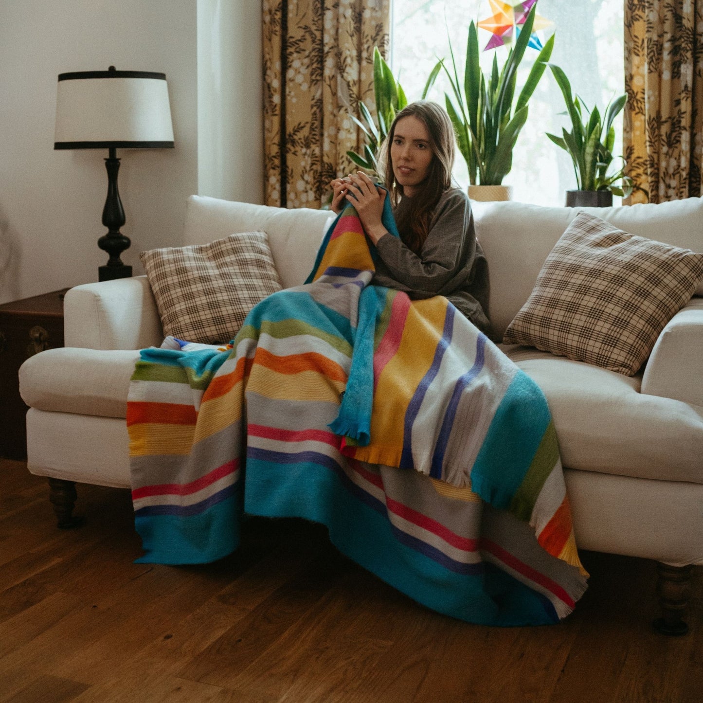 POKOLOKO Multi Stripe Fringed Alpaca Blanket #color_staycation-stripe