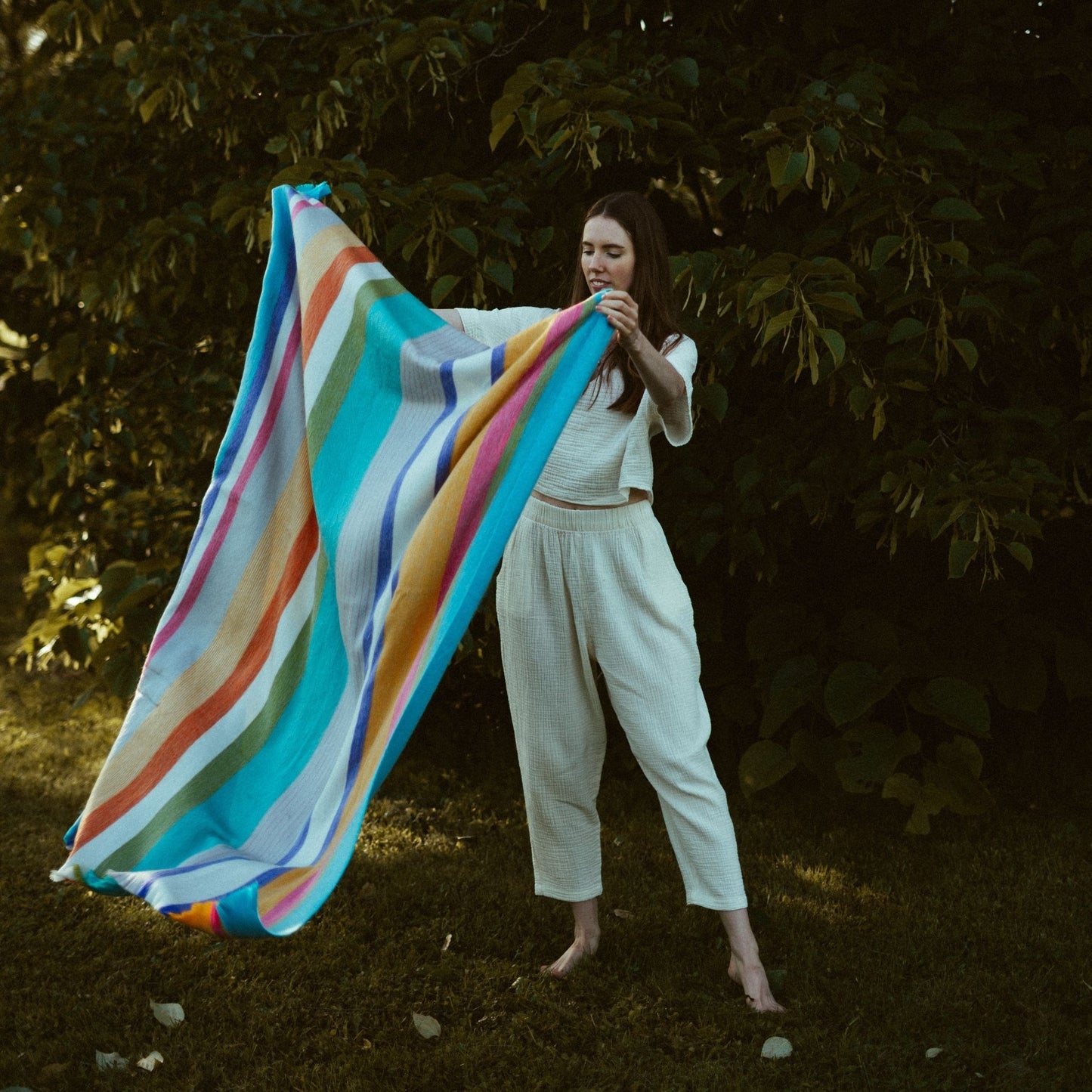 POKOLOKO Multi Stripe Fringed Alpaca Blanket #color_staycation-stripe