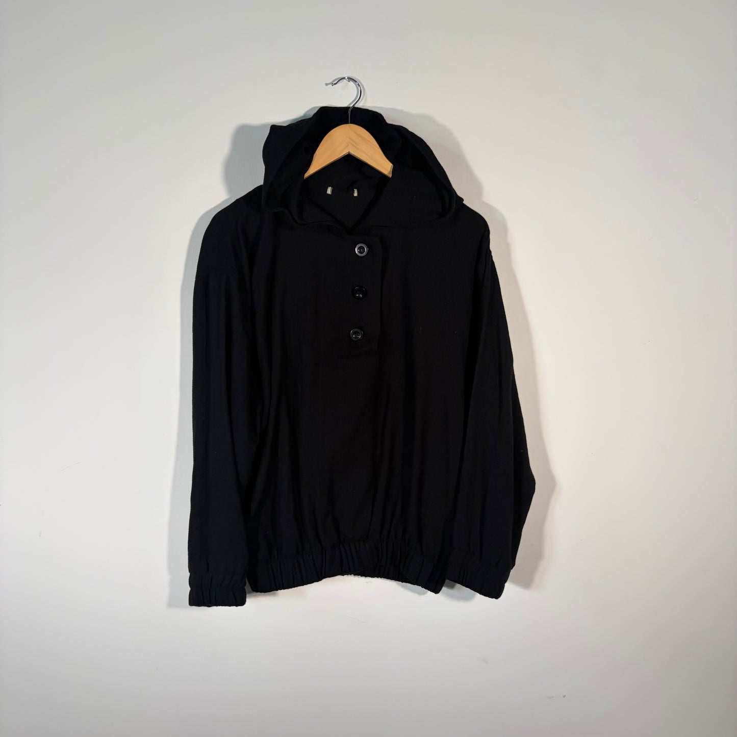 Black Cotton Hoodie Pullover with Buttons - One Size