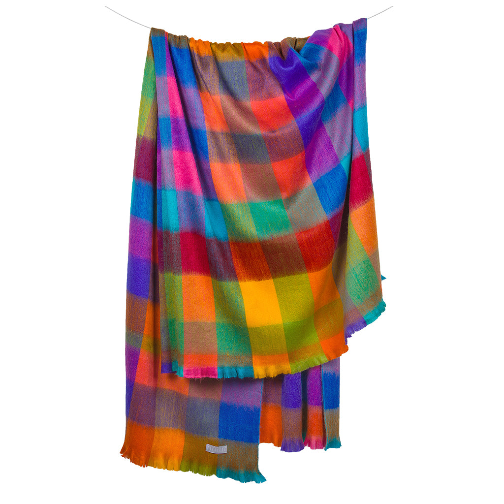 POKOLOKO Fringed Check Alpaca Blanket #color_multicolor-check