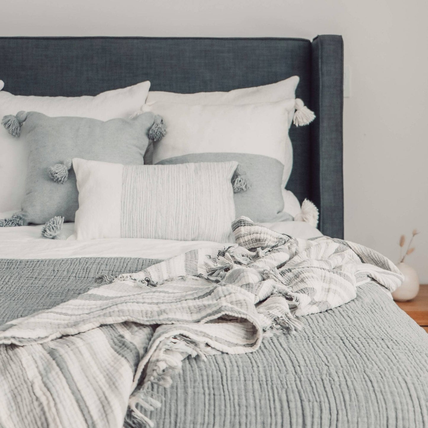 POKOLOKO Dipped Moroccan Pom Pom Lumbar Pillow - 12x20 #color_dipped-light-grey