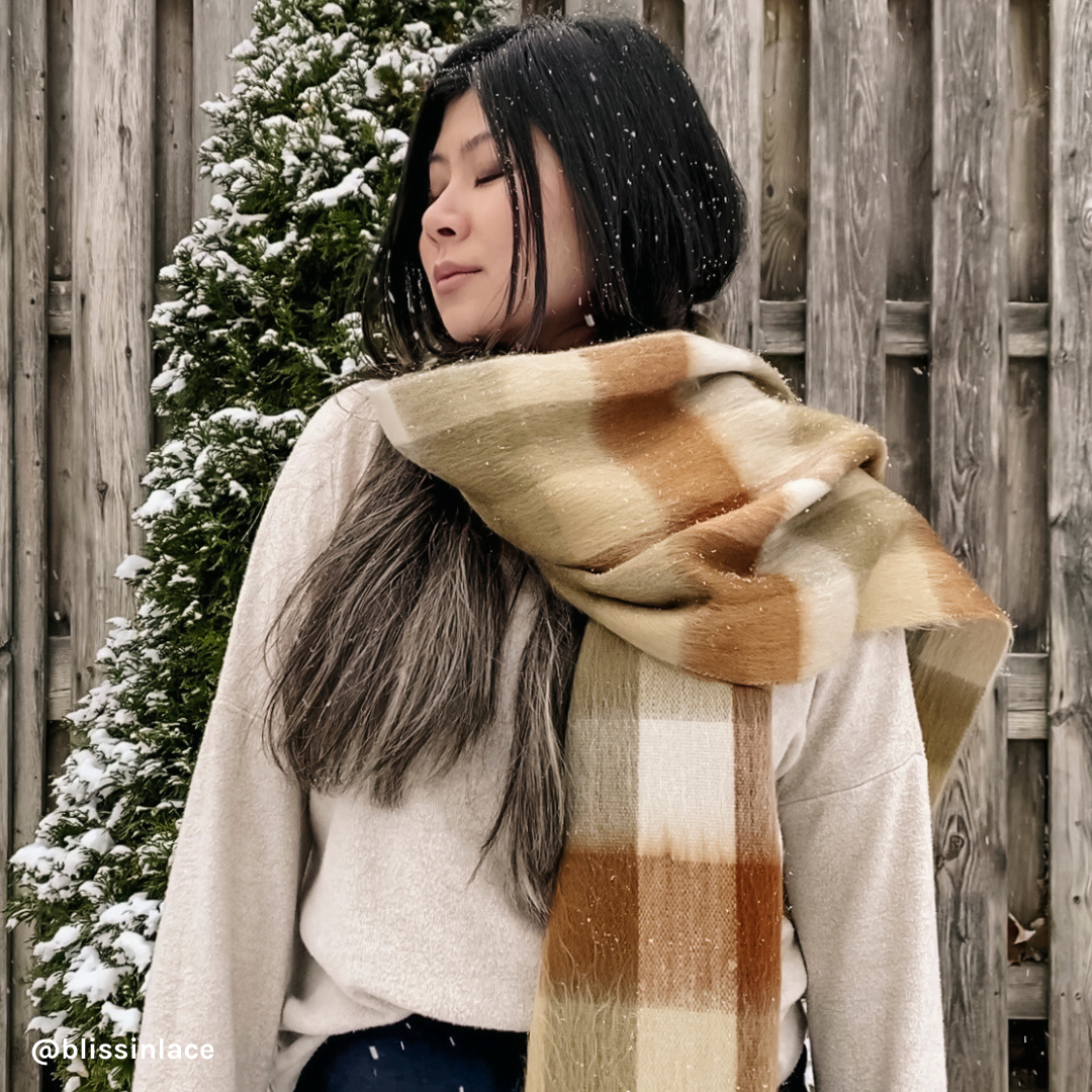 POKOLOKO Fringed Check Alpaca Blanket #color_cinnamon-check