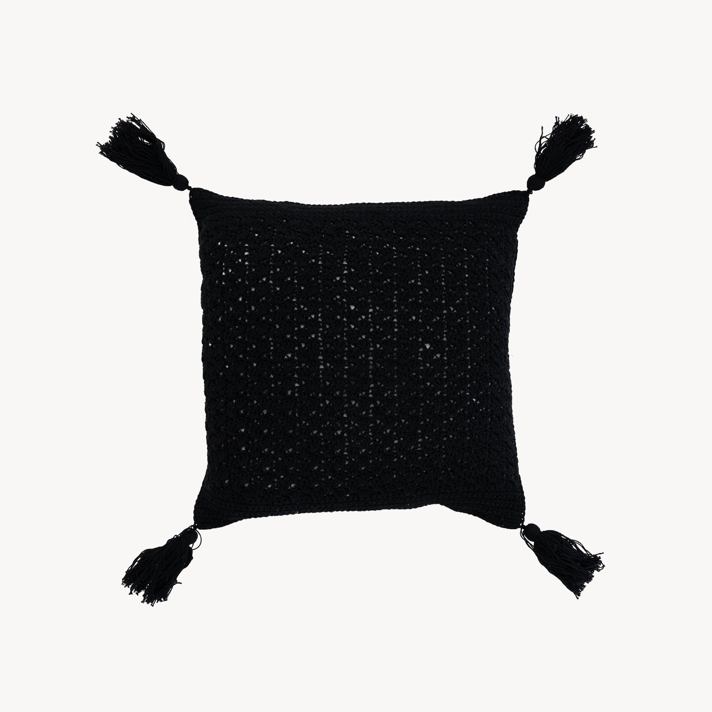 POKOLOKO Crochet Pillow With Tassels - 15x15" #color_crochet-black