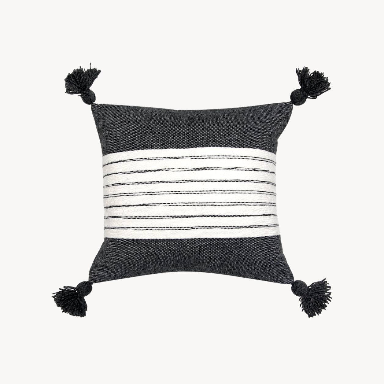 POKOLOKO Belted Charcoal Pom Pom Pillow - 18x18" #color_belted-charcoal