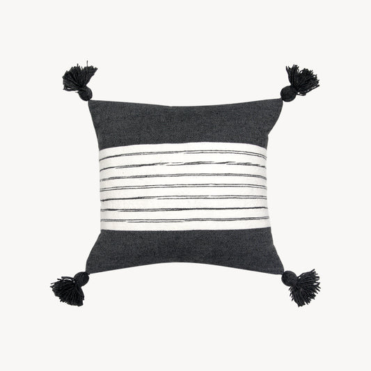 POKOLOKO Belted Charcoal Pom Pom Pillow - 18x18" #color_belted-charcoal