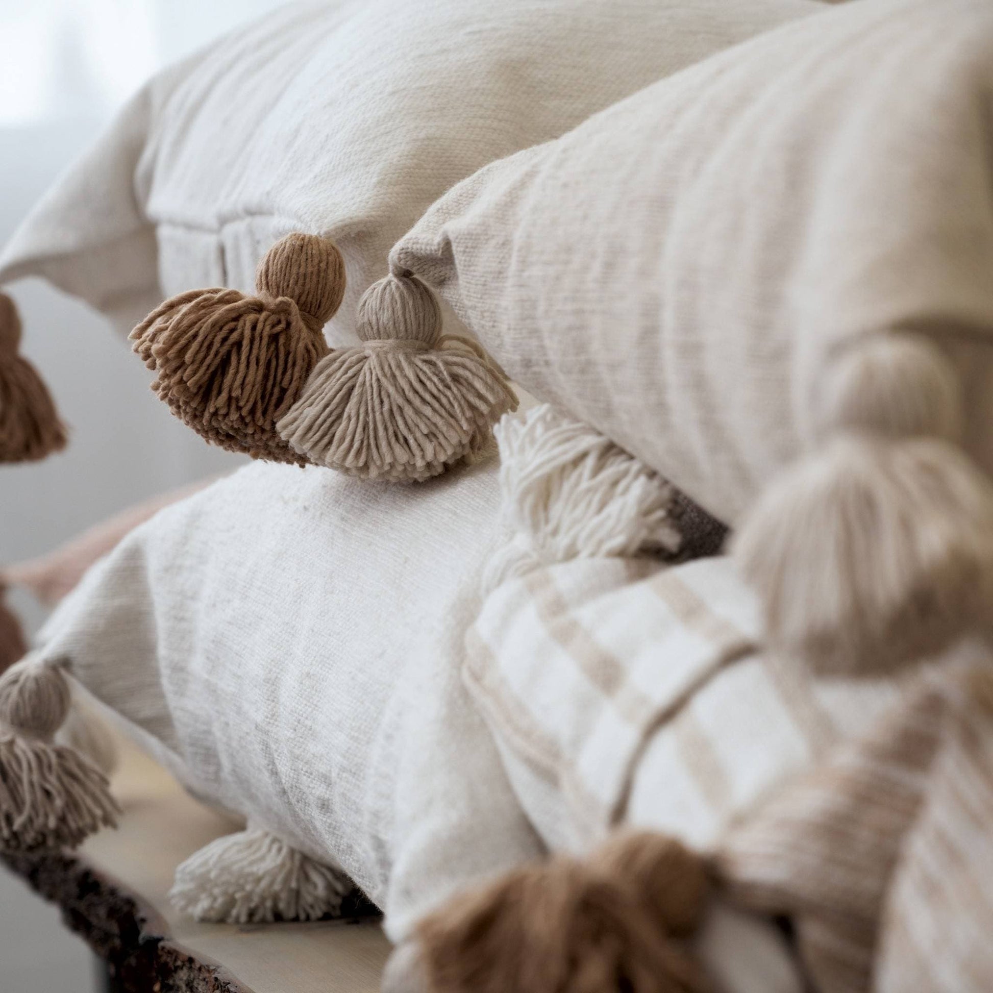 POKOLOKO Solid Moroccan Pom Pom Pillow - 20x20 #color_beige-pom