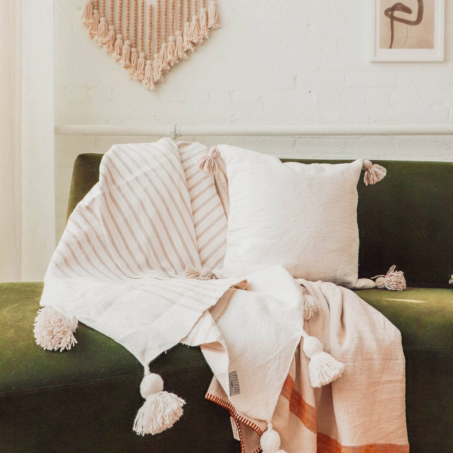 POKOLOKO Solid Moroccan Pom Pom Pillow - 20x20 #color_beige-pom