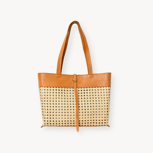 POKOLOKO Leather Bag with Cane Accent - Tote #color_caramel-leather