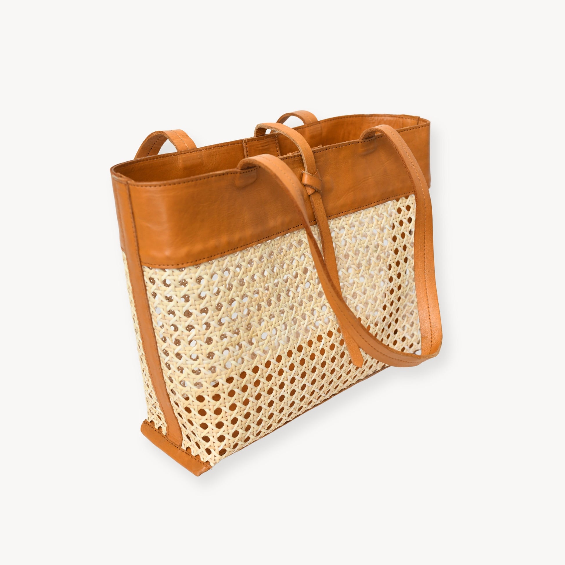 POKOLOKO Leather Bag with Cane Accent - Tote #color_caramel-leather