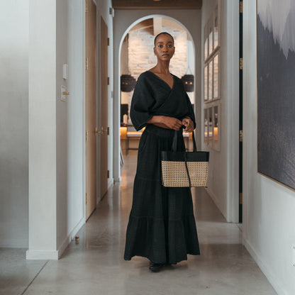 POKOLOKO Leather Bag with Cane Accent - Tote #color_black-leather
