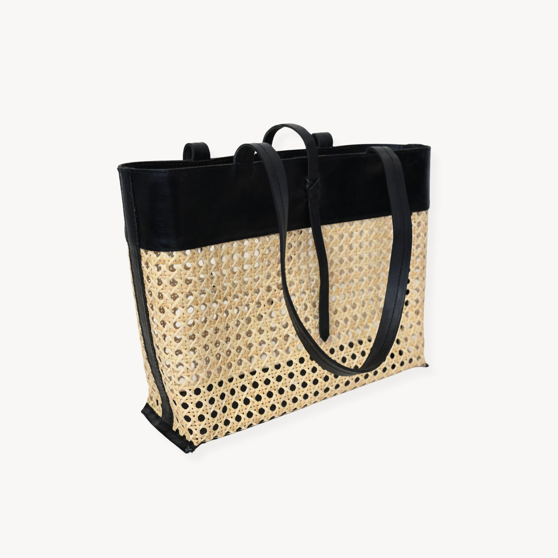 POKOLOKO Leather Bag with Cane Accent - Tote #color_black-leather