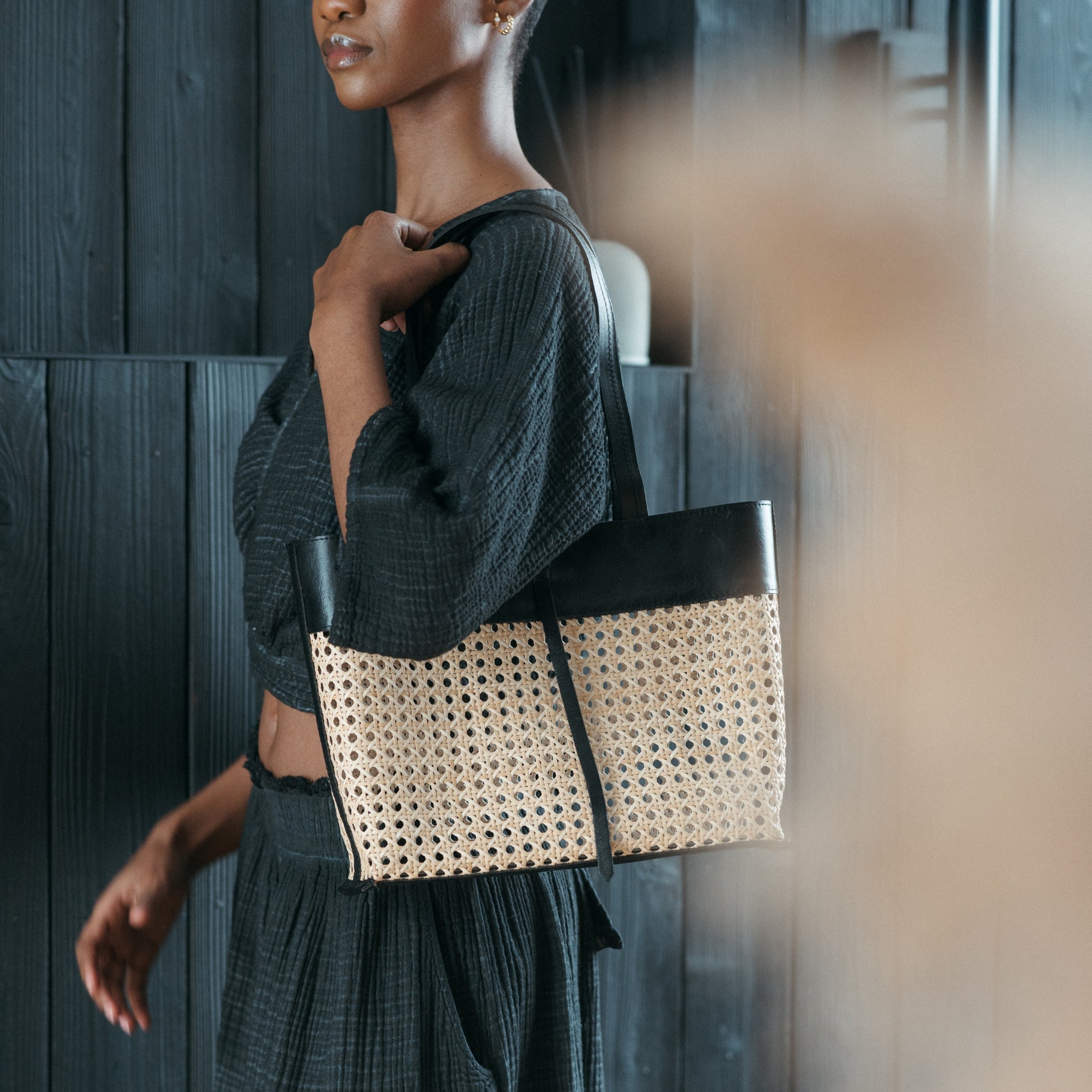POKOLOKO Leather Bag with Cane Accent - Tote #color_black-leather