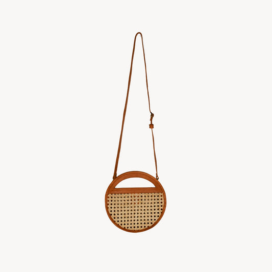 POKOLOKO Round Leather Bag with Cane Accent #color_caramel