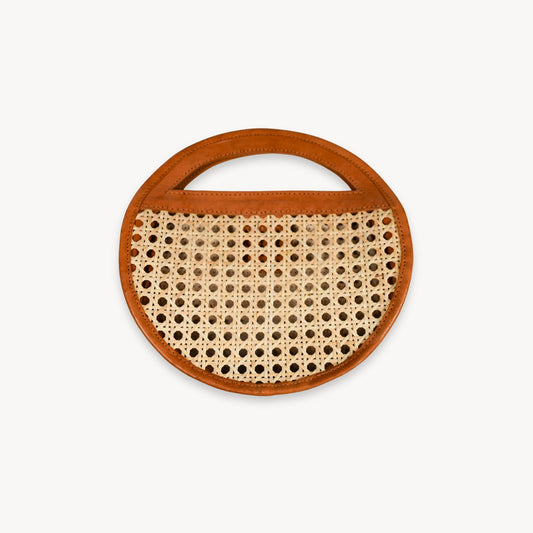 POKOLOKO Round Leather Bag with Cane Accent #color_caramel