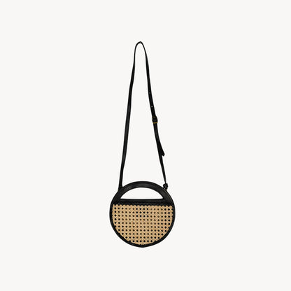 POKOLOKO Round Leather Bag with Cane Accent #color_black