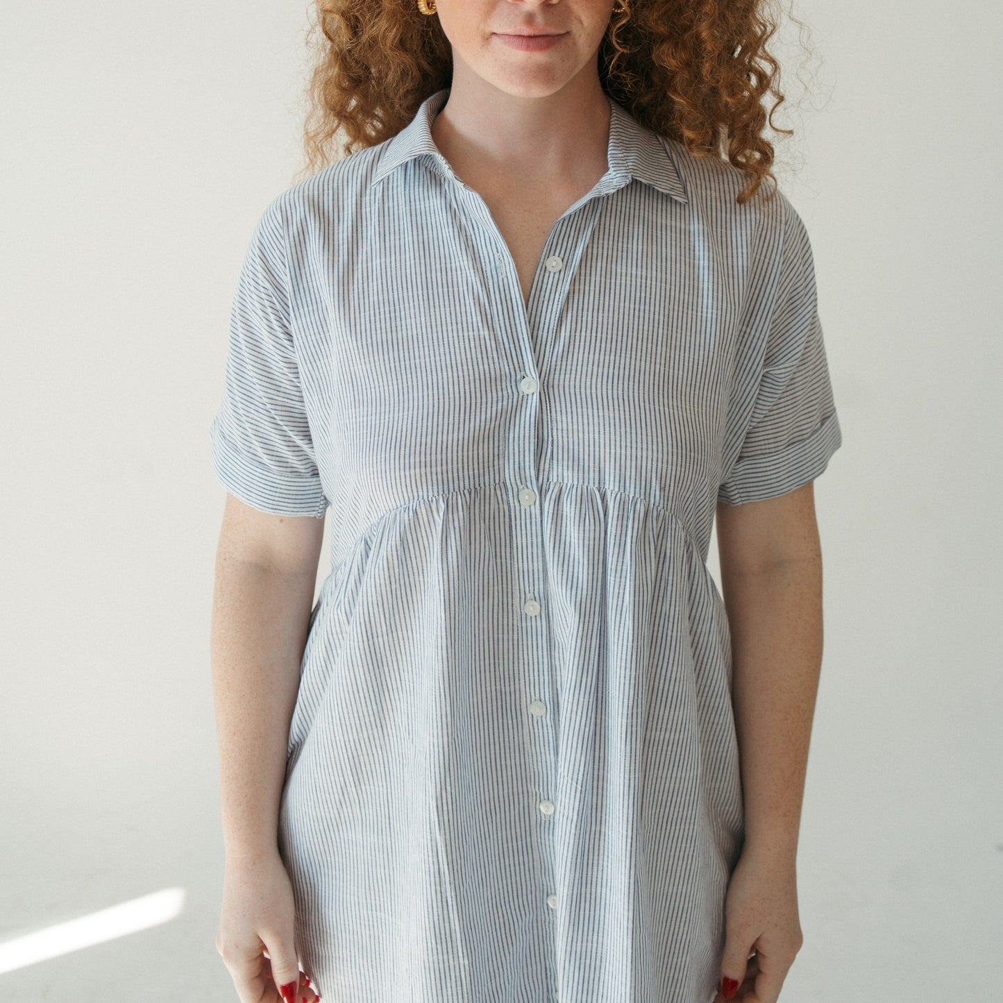 POKOLOKO Collared Button Shirt Dress #color_navy-stripe