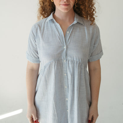 POKOLOKO Collared Button Shirt Dress #color_navy-stripe