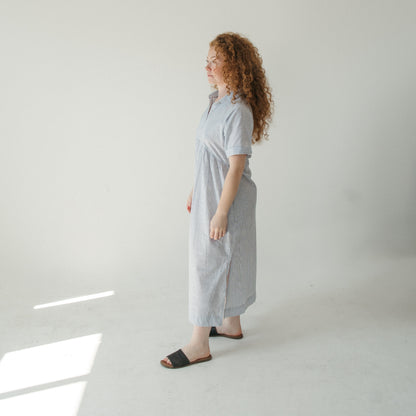 POKOLOKO Collared Button Shirt Dress #color_navy-stripe
