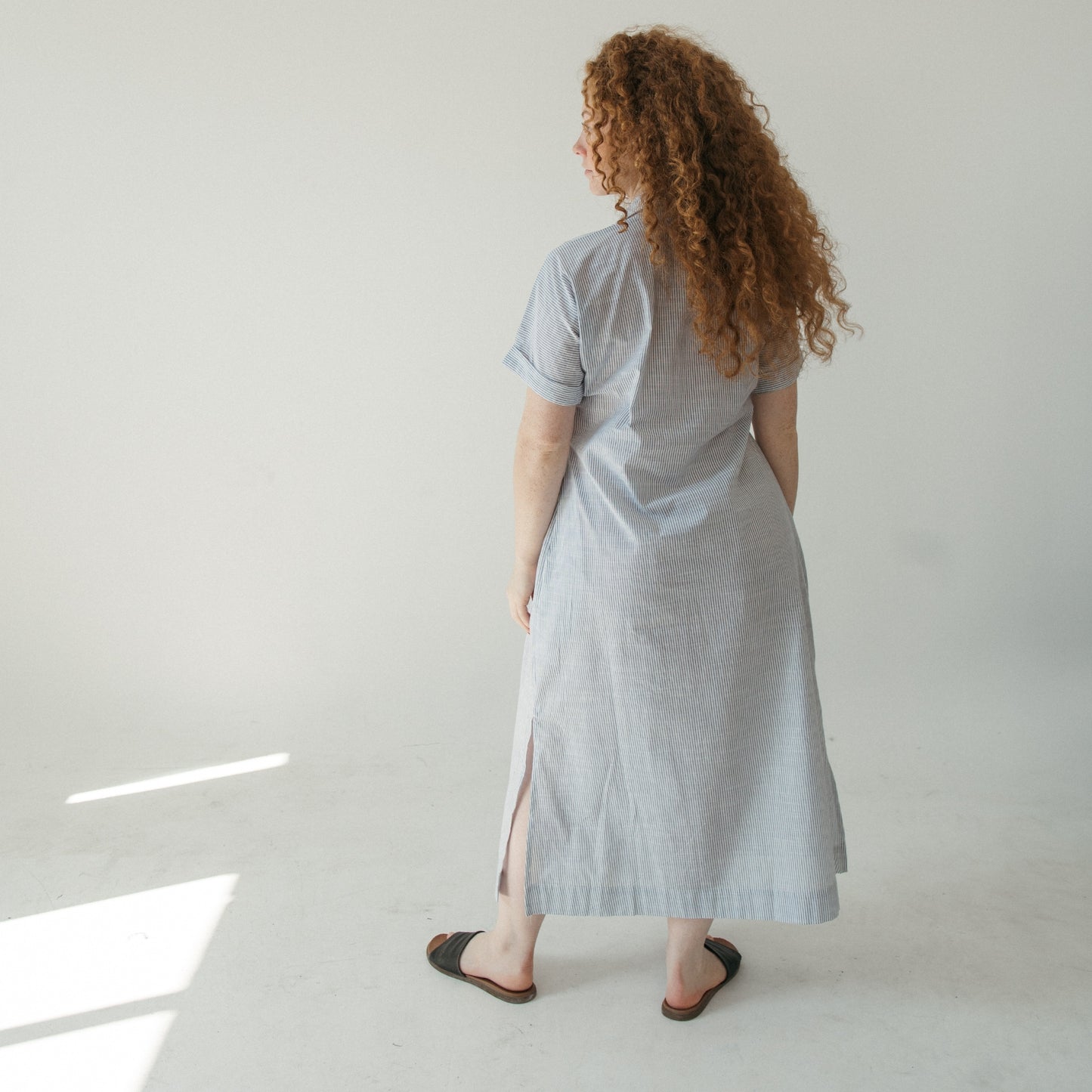 POKOLOKO Collared Button Shirt Dress #color_navy-stripe