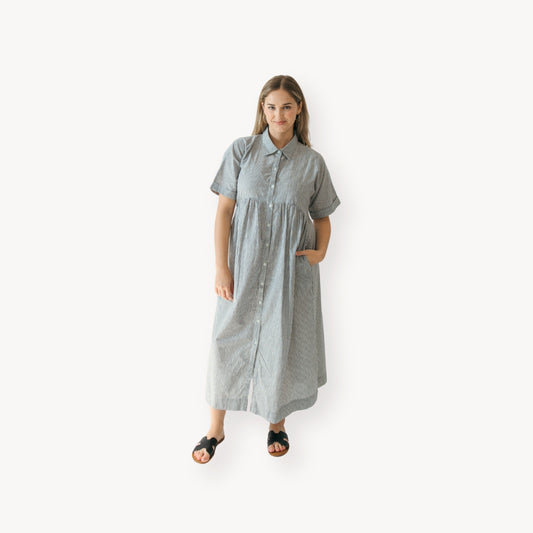 POKOLOKO Collared Button Shirt Dress #color_charcoal-stripe