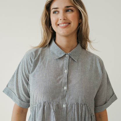 POKOLOKO Collared Button Shirt Dress #color_charcoal-stripe