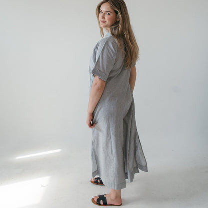 POKOLOKO Collared Button Shirt Dress #color_charcoal-stripe