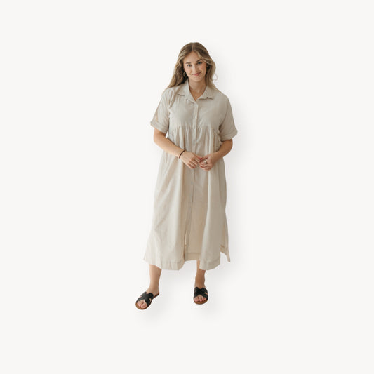 POKOLOKO Collared Button Shirt Dress #color_cream-stripe