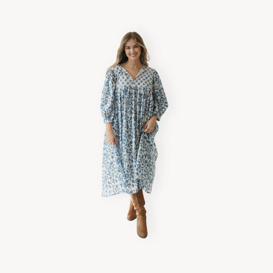 POKOLOKO Mira Midi Dress #color_neema-blue-white-with-nilima-front-panel