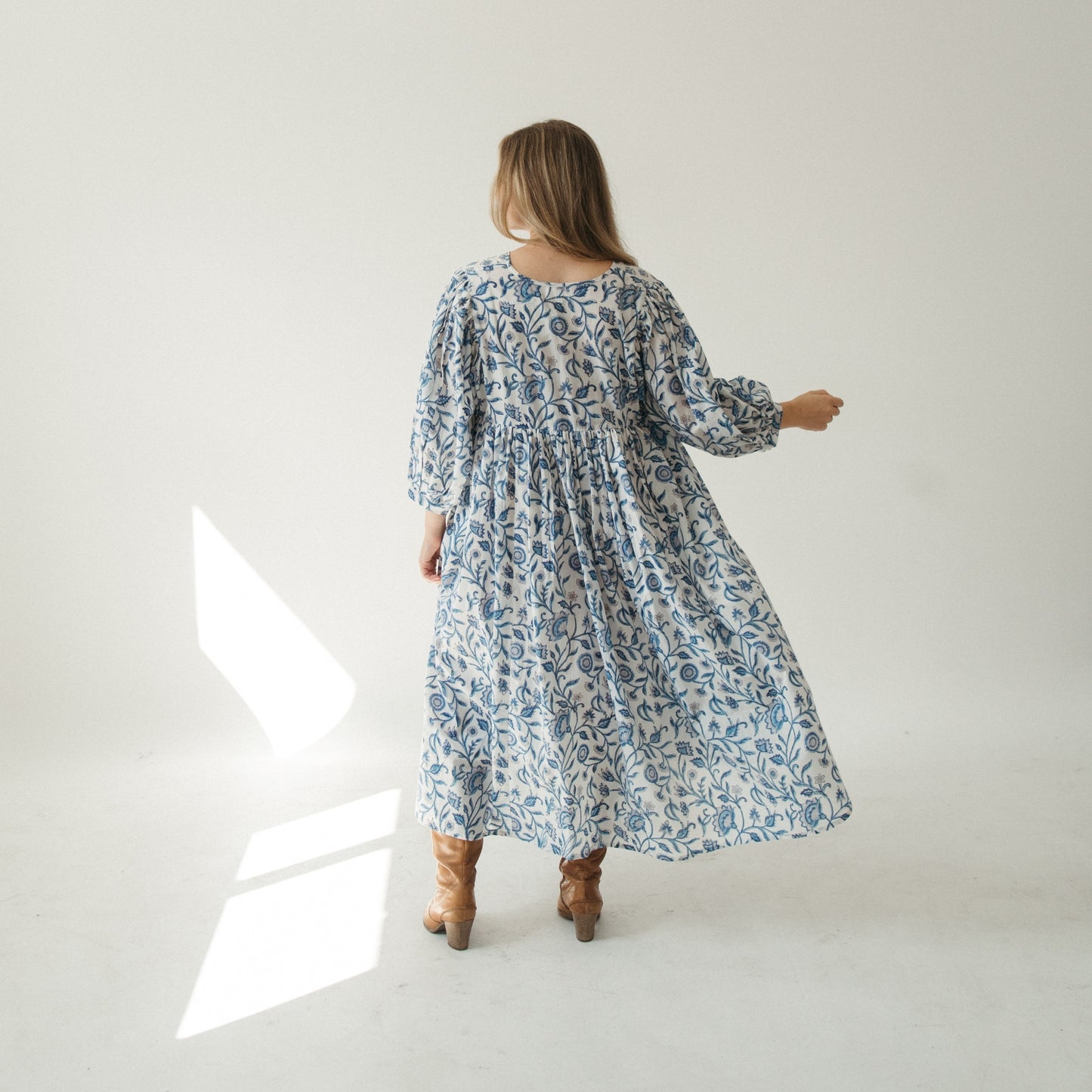 POKOLOKO Mira Midi Dress #color_neema-blue-white-with-nilima-front-panel