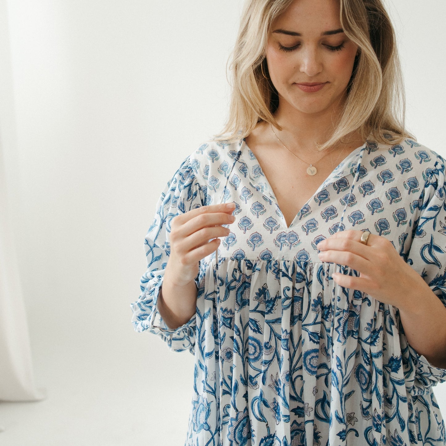 POKOLOKO Mira Midi Dress #color_neema-blue-white-with-nilima-front-panel