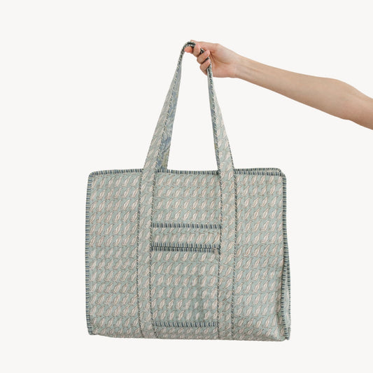 Teal Leaf Block Print Tote